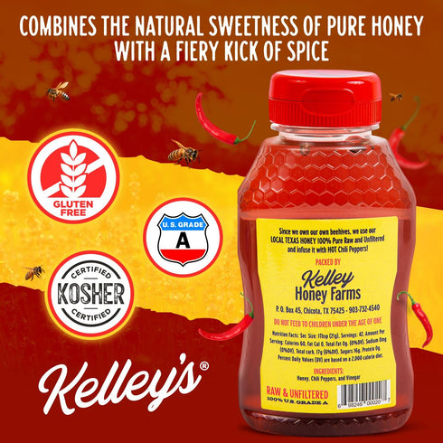 12 Oz 100% Kelley's Hot Honey, Unfiltered Raw Honey Infused with Chili Pepper Rich Flavor for BBQ, Fried Chicken
