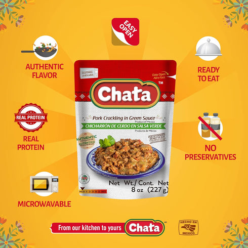 Chata Pork Crackling Salsa Verde Pouch | Tasty Pork in Flavorful Green Sauce | Ready-to-Eat | No Gluten + Preservatives | Keto Friendly | 8 Ounce (Pack of 1)