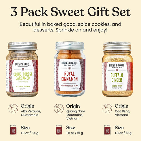 3pk Set 3 Burlap & Barrel Sweet Spice - Full Size Jars including Royal Cinnamon, Cloud Forest Cardamom, & Buffalo