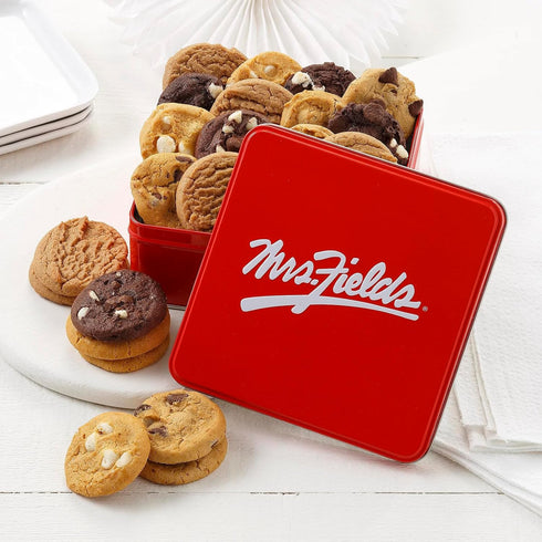 24 4 Mrs. Fields Nibblers Bite-Sized Cookies Signature Mini Tin - Assorted with Classic Cookie Flavors