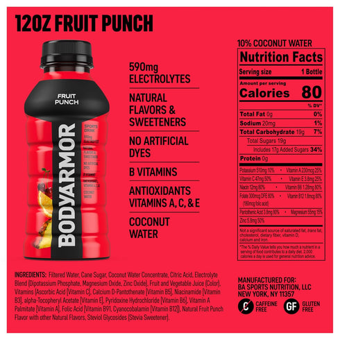 12 Oz (8 Pack), BODYARMOR Sports Drink, Fruit Punch, Electrolyte Drink Hydration, Fl Bottles Flavored Coconut Water