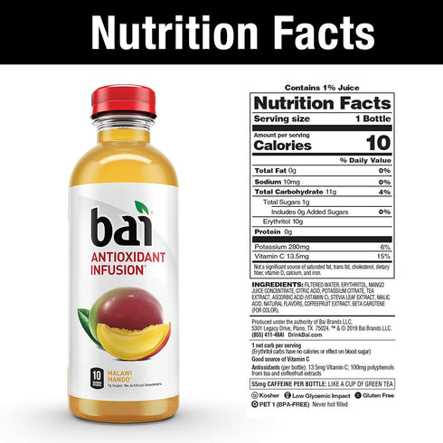 18 (Pack 12) Bai Flavored Water, Malawi Mango, Antioxidant Infused Drinks, Fluid Ounce Bottle