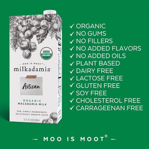 32 (Pack 6) Milkadamia Organic Artisan Macadamia Milk, Non-Dairy, Plant Based, Vegan, Gluten Free, Fluid Ounce