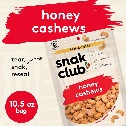 10.5 Snak Club Bags Honey Cashews, Crunchy, Glazed, Gluten-Free, Family Size, Ounce