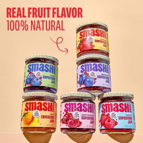 Pack| (6 Smash Foods Jam Try Them All Variety Low-Calorie, No Sugar Added Keto Jam with Upcycled Fruit & Chia Seeds |