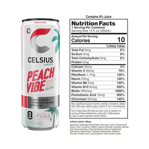 12 Oz (Pack 12) CELSIUS PEACH VIBE Sparkling White Peach, Sugar Free Energy Drink, Fl