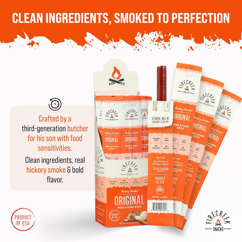 FireCreek Snacks 20 Pack (1 oz), 7g 1g Beef Sticks by , Hickory Smoked Meat Sticks (Jerky Sticks), Original, Protein