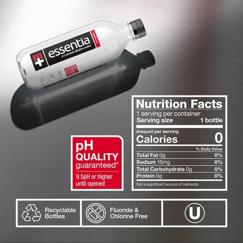 99.9% 9.5 20 Oz (Pack 24) Essentia Water LLC, Ionized Alkaline Bottled Water; Pure, Infused with Electrolytes, pH