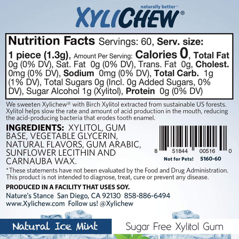 Xylichew 100% Xylitol Chewing Gum - Ice Mint, 60 Count - Non GMO, Gluten Free, Sugar Free, Natural Oral Care