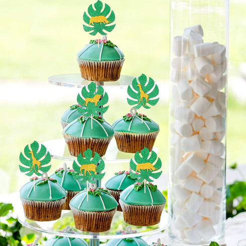 36 Pieces Jungle Style Animal Cupcake Toppers, Gold Glitter Palm Leaves Cake Decorations for Parties