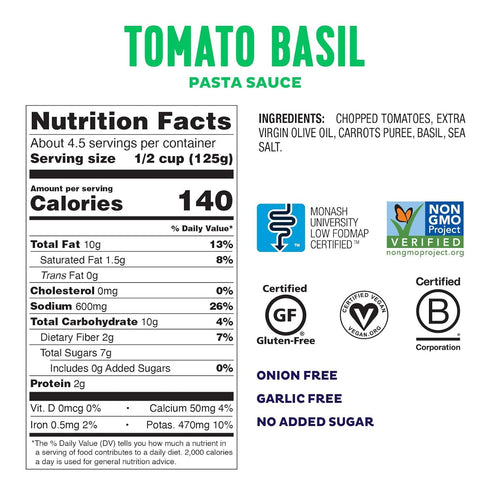 Fody Foods Tomato Basil Pasta Sauce, 19.4 Ounces, Low Fodmap Certified, Gut Friendly, Non-GMO, Pack of 1