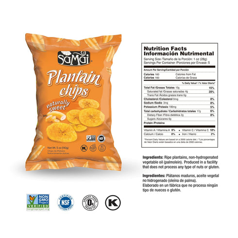 5oz (Pack 8) SAMAI Naturally Sweet Plantain Chips of - Gluten Free, All Natural, NON-GMO and Kosher