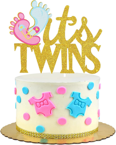 LHCING It's Twins Gender Reveal Cake Topper - Baby 1st Birthday Loveable Gold