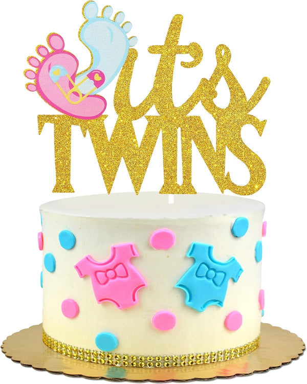 LHCING It's Twins Gender Reveal Cake Topper - Baby 1st Birthday Loveable Gold