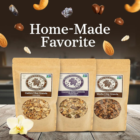 Pack 10 oz 3-Pack Maple Nut Kitchen Artisanal Variety Granola Bites - Cashew Chai, Mocha Chip, and Coconut Date | Each