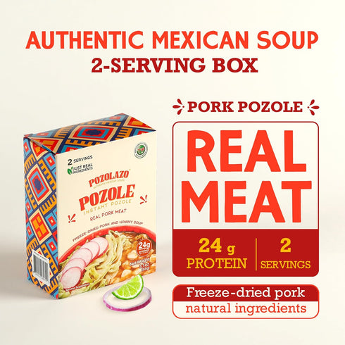 POZOLAZO Pozole Pozole 2-Serving | Instant Soup | Mexican Pork | Real Freeze-Dried Meat | Box | Authentic Hominy