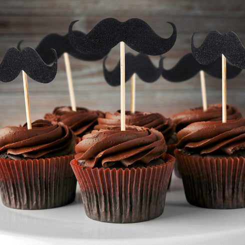 50 Pieces Mustache Cupcake Toppers, Mustache Birthday Cake Topper, Black Glitter Mustache Dessert Toppers for Baby