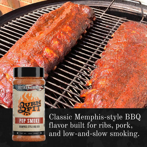 0g 1g 12 oz (340g) Burn Pit BBQ Pop Smoke Memphis Style BBQ Rub - Great with Ribs, Poultry, Beef, and Pork - Sugar