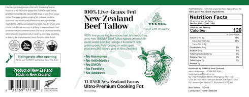100% 14oz TURNER New Zealand Live-Grass-Fed New Zealand Beef Tallow, Ultra-Premium Cooking Fat
