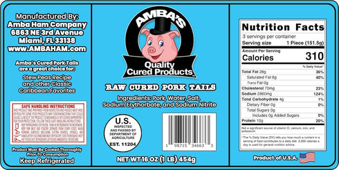 Amba's Quality Cured Products 16oz (1lb) Pack Raw Cured Pork Tails, Net Weight Vacuum Bag, Great For Jamaican Stew Peas