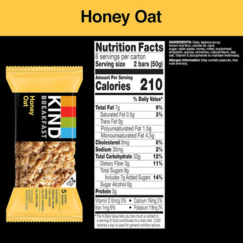 100% 3g 6 Count KIND Breakfast Bars, Honey Oat, Healthy Snacks, Gluten Free, Whole Grains, Protein