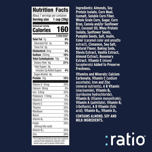 10g 10.4 oz Ratio Trio Vanilla Almond Crunch Cereal, Protein, Keto Friendly