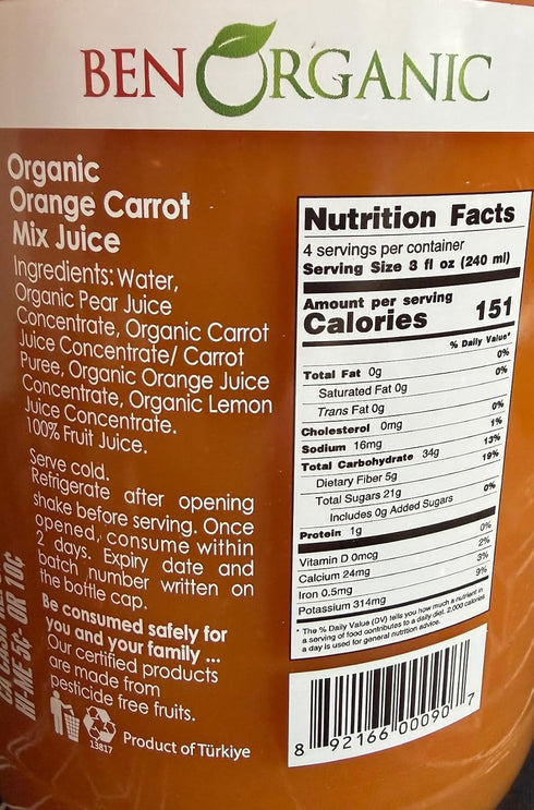 Generic 100% 32 Oz, Pack 2 Ben Organic Fruit Juice, Organic Orange Carrot Mix, No Added Sugars, Pesticide Free, Fl