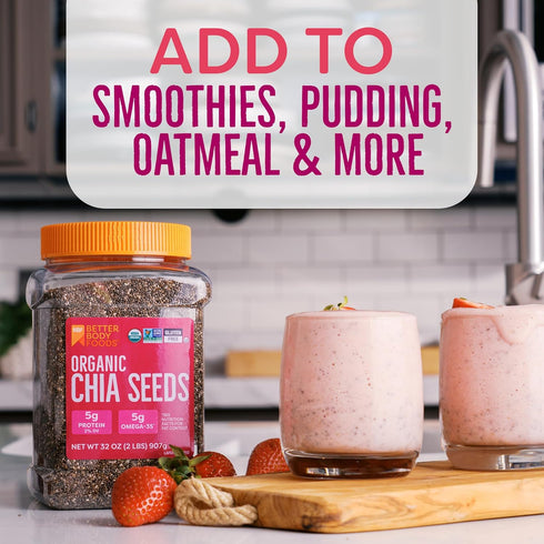 2 lbs, 32 Oz, Omega-3, BetterBody Foods Organic Chia Seeds with Non-GMO, Gluten Free, Keto Diet Friendly, Vegan, Good