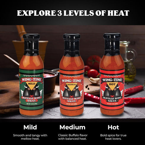 Pack, 3 Pack Wing-Time Buffalo Wing Sauce Variety Mild Medium Hot