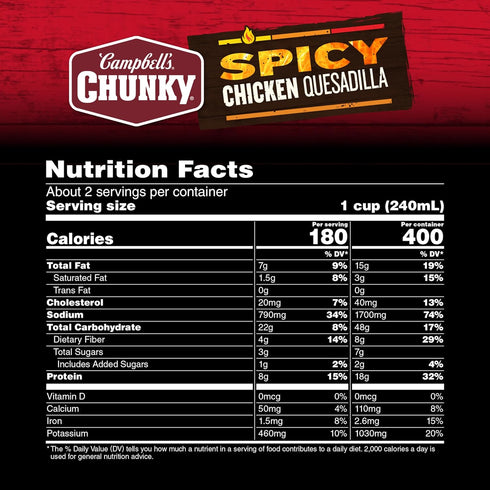 18.8 oz 12) Campbell's Chunky Soup, Spicy Chicken Quesadilla Soup, Can (Case