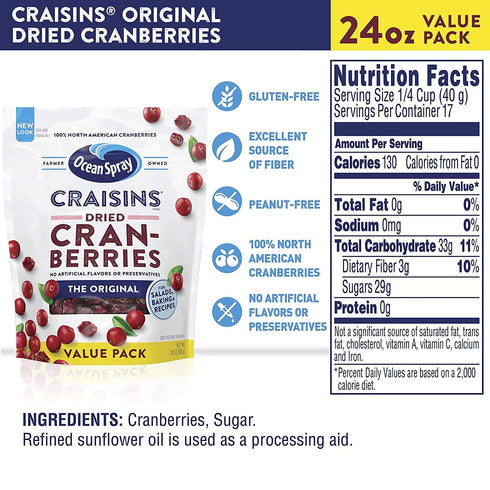 24 Oz (Pack 8) Ocean Spray Craisins Original Dried Cranberries, Dried Fruit, Pouch
