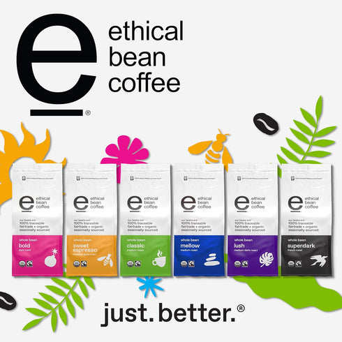 (12 Oz 0.75 Lb (Pack 2) Ethical Bean Fairtrade Organic Coffee, Whole Bean Espresso Coffee Bag), Sweet Espresso Medium