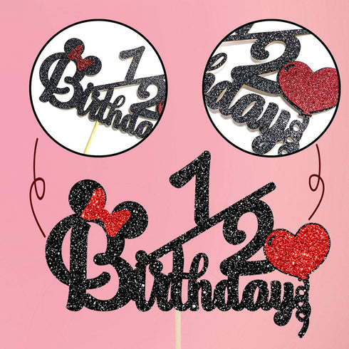 Happy 1/2 Birthday Cake Topper - Black and Red Glitter Mouse Theme Baby Shower Sign for 6 Months Birthday Party