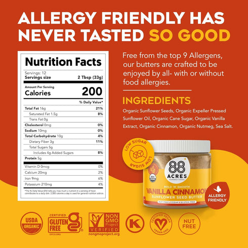 88 14 oz 2 Pack, 5g Acres Organic Sunflower Seed Butter, Vanilla Cinnamon, Jar, Butter Spread with Plant-Based Protein
