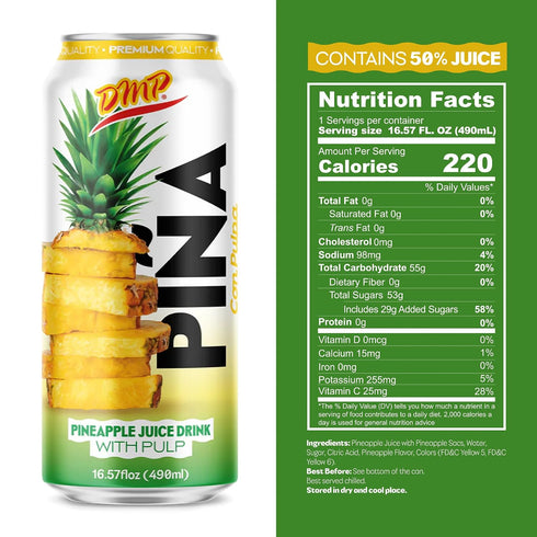 16.57 Oz, 6-Pack De Mi Pais Pineapple Juice with Pulp, Premium Quality Canned Beverage, Refreshing Pia Fruit Drink