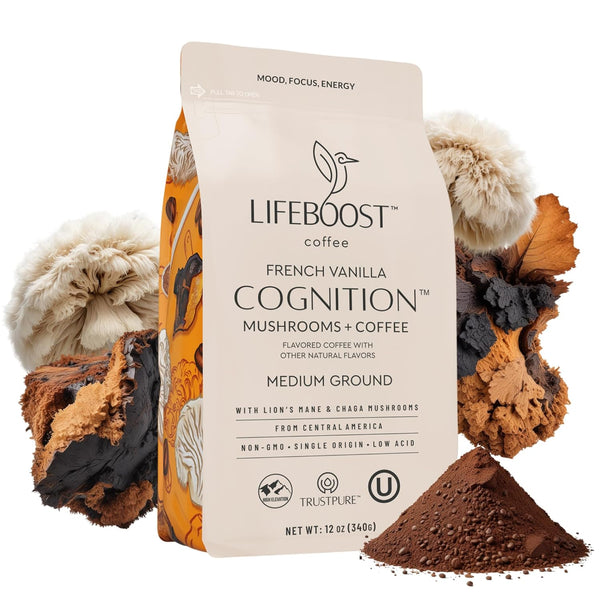 Lifeboost French Vanilla Cognition Mushroom Coffee - Low Acid Medium Organic Coffee