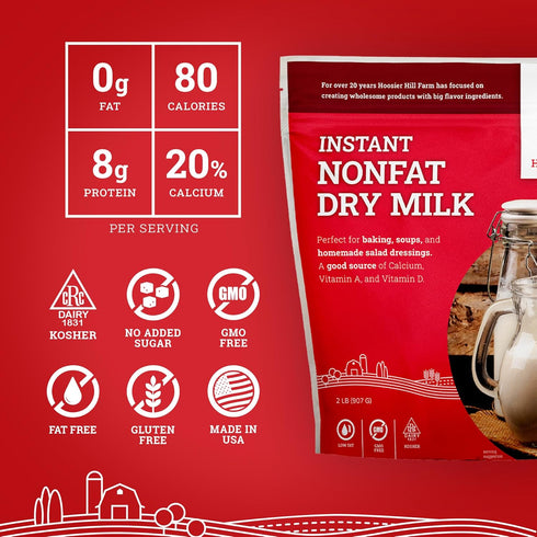 2LB (Pack 1) Hoosier Hill Farm Instant Nonfat Dry Milk Powder