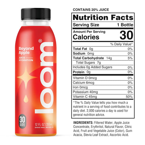 35 12 oz 12 pack Beyond Apple Juice Drinks by Loom, Low Sugar Juice, Real Fruit, No Added Sugar, Healthy Hydration