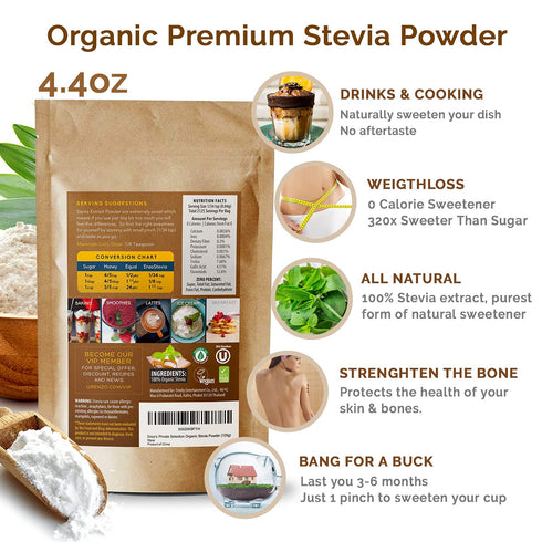 Enzo Organic Stevia Powder 125g (4.4oz / 3125 Servings) - Premium USDA Certified All Natural Sweetener, 320x Sugar Free
