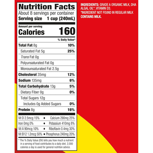 Omega-3 64 oz Horizon Organic DHA Milk, DHA Whole Milk, fl Half Gallon Carton