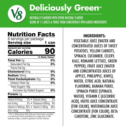 V8 100% 8 oz (24 Pack) Deliciously Green Fruit and Vegetable Juice, fl Can