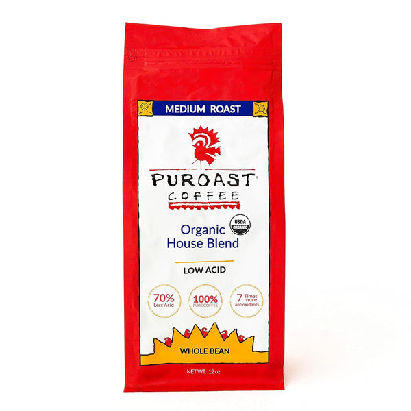 Puroast Low Acid Whole Bean Coffee, Organic House Blend, High Antioxidant, 12 Ounce Bag