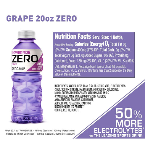 20 (Pack 8) POWERADE Electrolyte Enhanced Zero Sugar Grape Sports Drink, Ounce