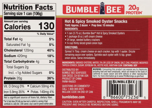 3.75 oz 20g Bumble Bee Hot & Spicy Hardwood Smoked Oysters, Tin - Protein per Serving, Gluten Free, Keto