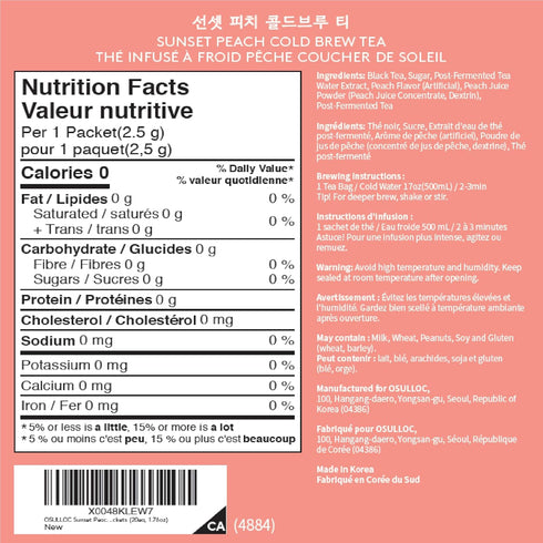 Sunset Packets (20ea, 1.76oz) OSULLOC Peach Cold Brew Tea, Sweet peach flavored iced tea, Hydration Tea