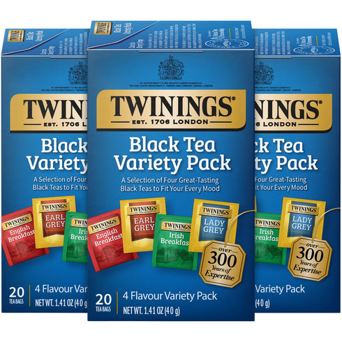 Twinings Black Tea Variety Pack, 3-Pack, Earl Grey, English Breakfast, Irish Breakfast, Lady Grey, 20 Count Each