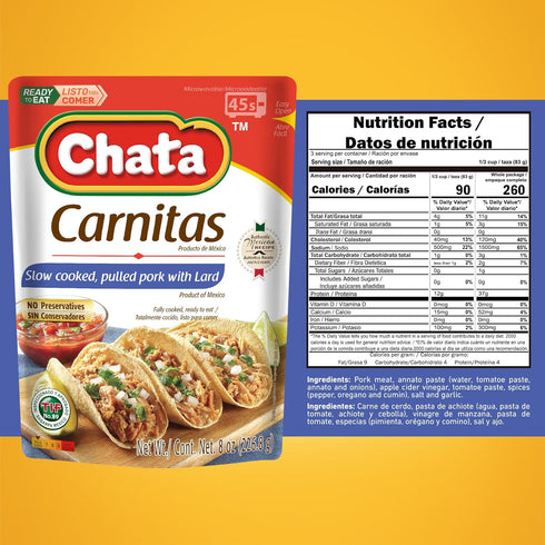 8 oz, Pack 3 Chata Authentic Mexican Carnitas, Slow Cooked Pork