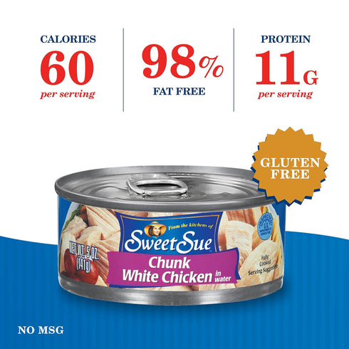 11g 5 oz (Pack 24) Sweet Sue Canned Chicken Breast with Rib Meat in Water - Protein per Serving - Gluten Free, Keto