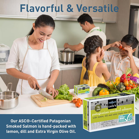 3.2 oz Hand-Packed 13g Cole's Patagonian Smoked Salmon Fillet w/Lemon & Dill in Extra Virgin Olive Oil | Smoked Salmon