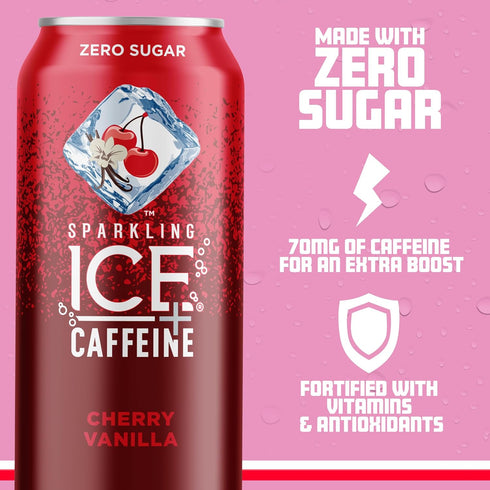 Sparkling ICE (Pack 12, 16 oz +Caffeine Cherry Vanilla and Strawberry Citrus Sparkling Water with Caffeine, Zero Sugar
